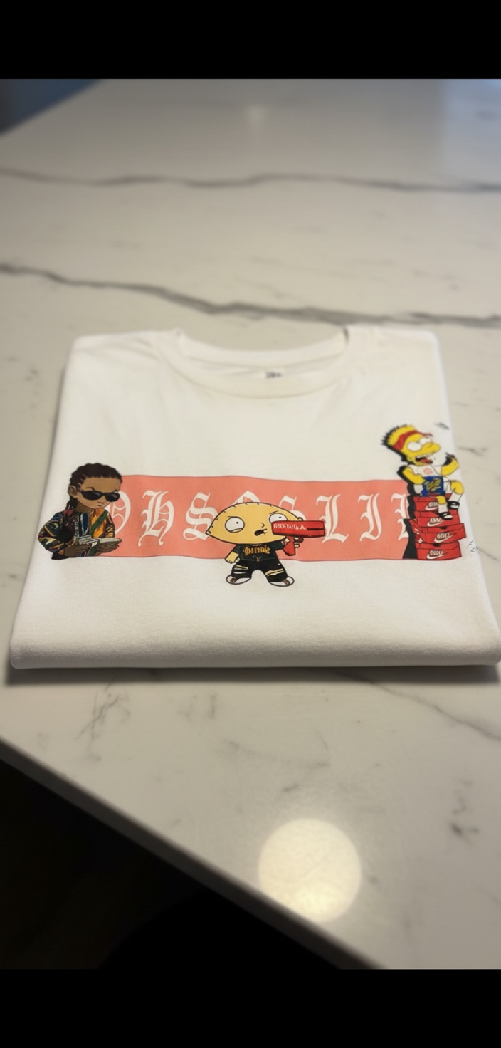 Close-up of folded shirt showing graphic details