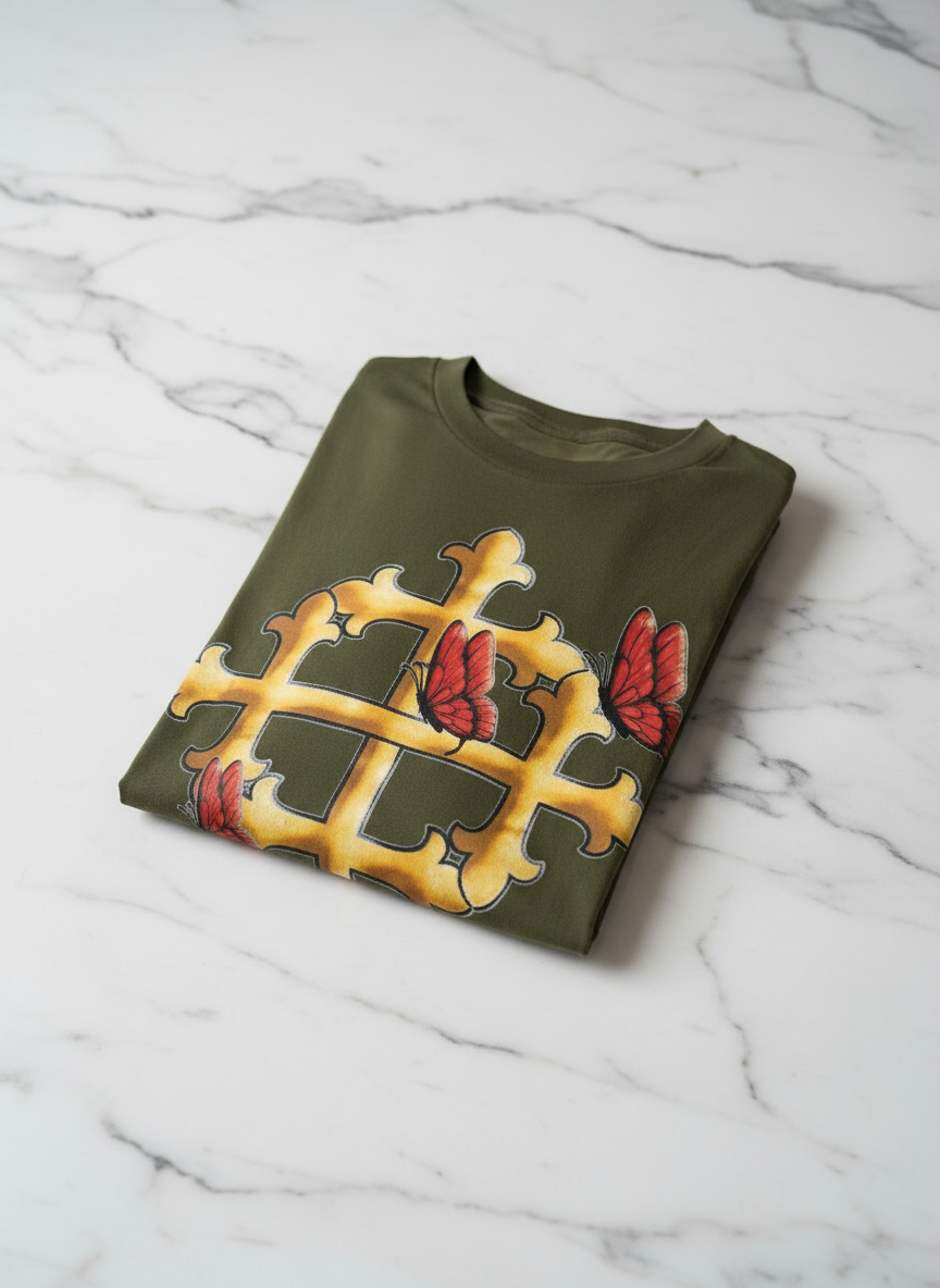 Cross and butterfly shirt folded on marble - overhead angle