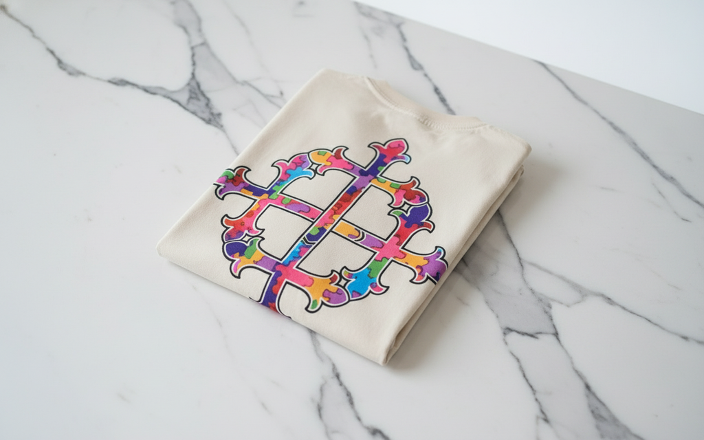 Folded cream shirt on marble background