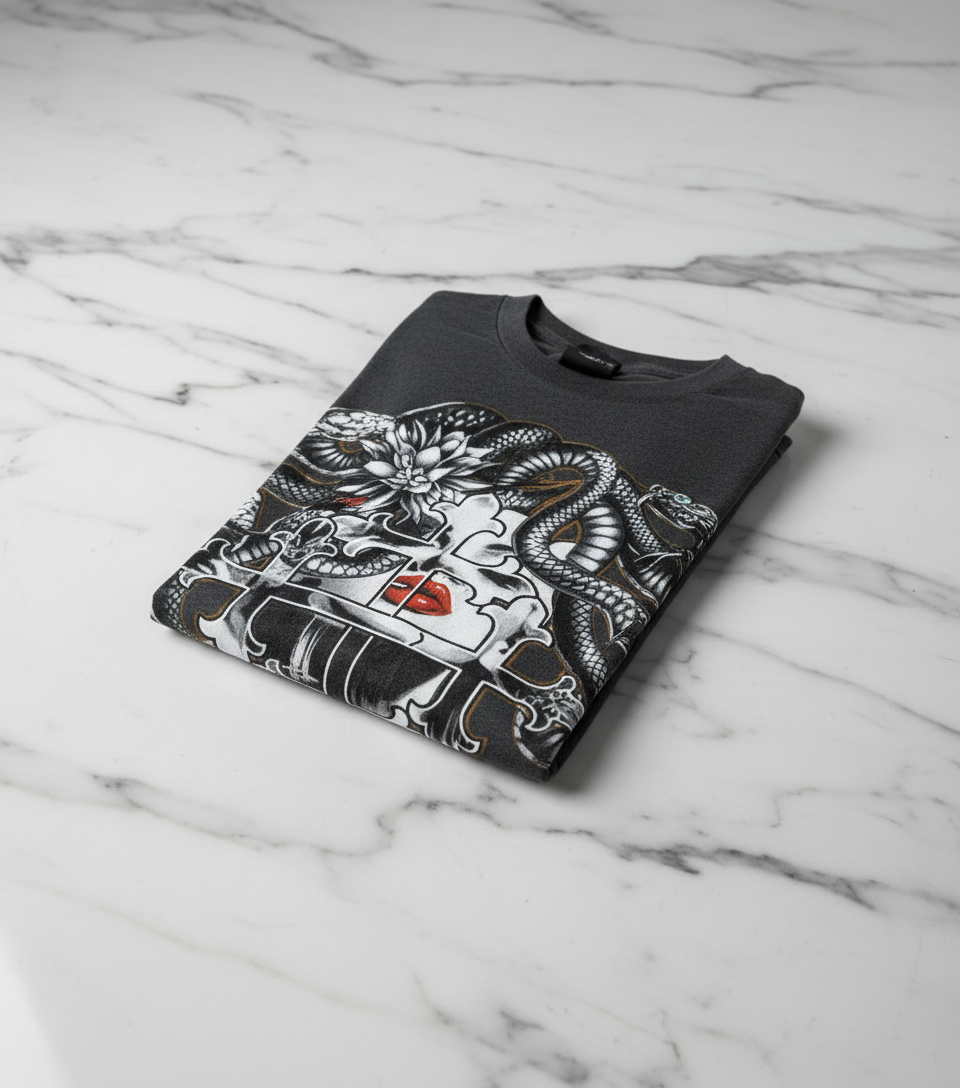 Folded shirt on marble - angled view