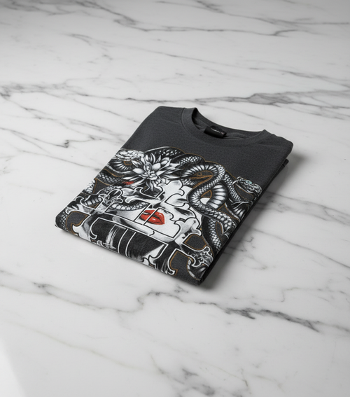 Folded shirt on marble - angled view