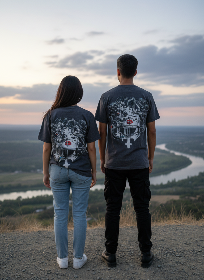 Girl and guy wearing skull and snakes shirt from back