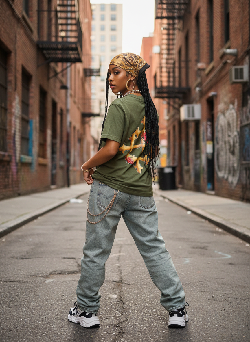 Hip hop girl showing off the back of the shirt