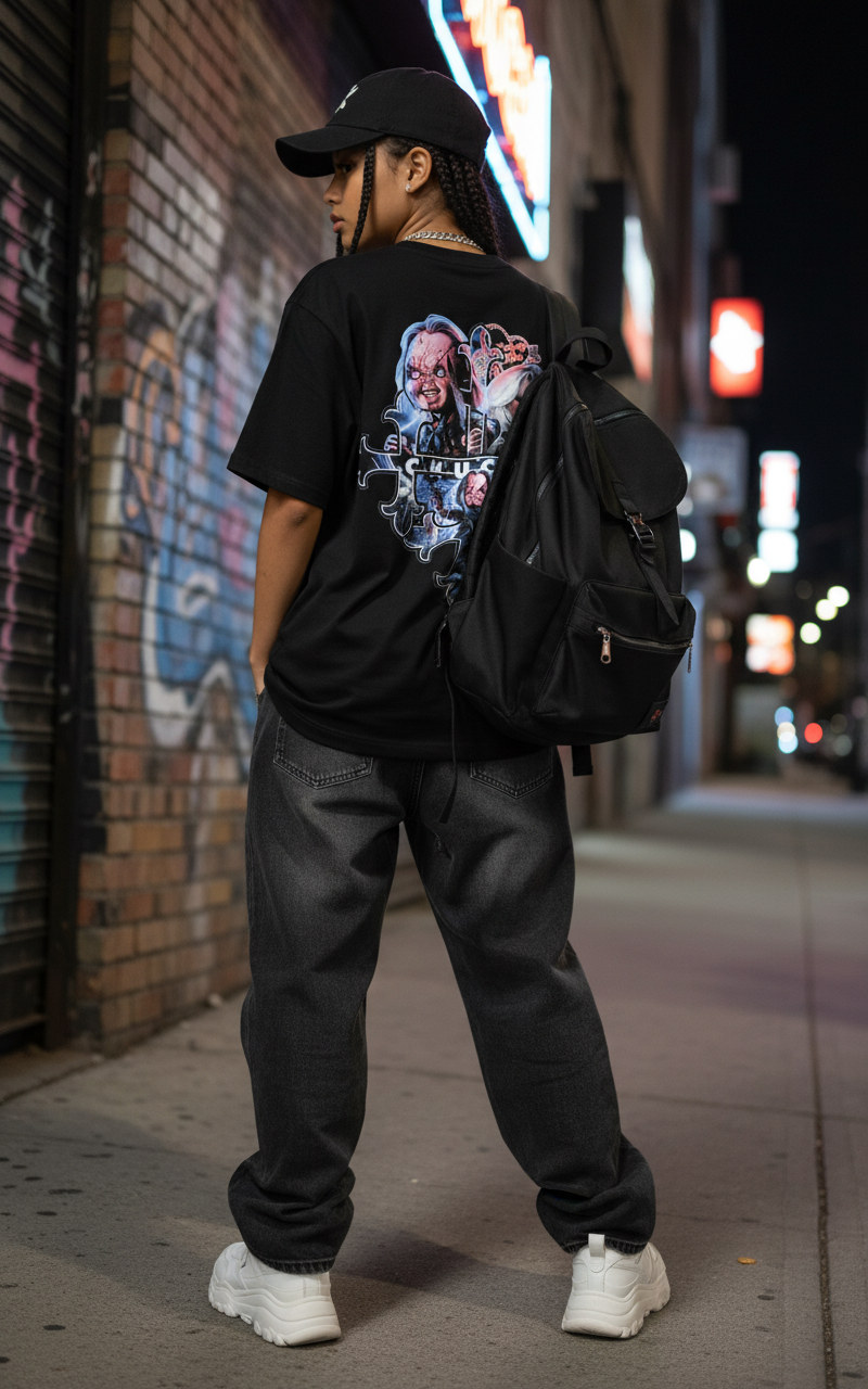 Hip hop girl wearing Chucky t-shirt - back view