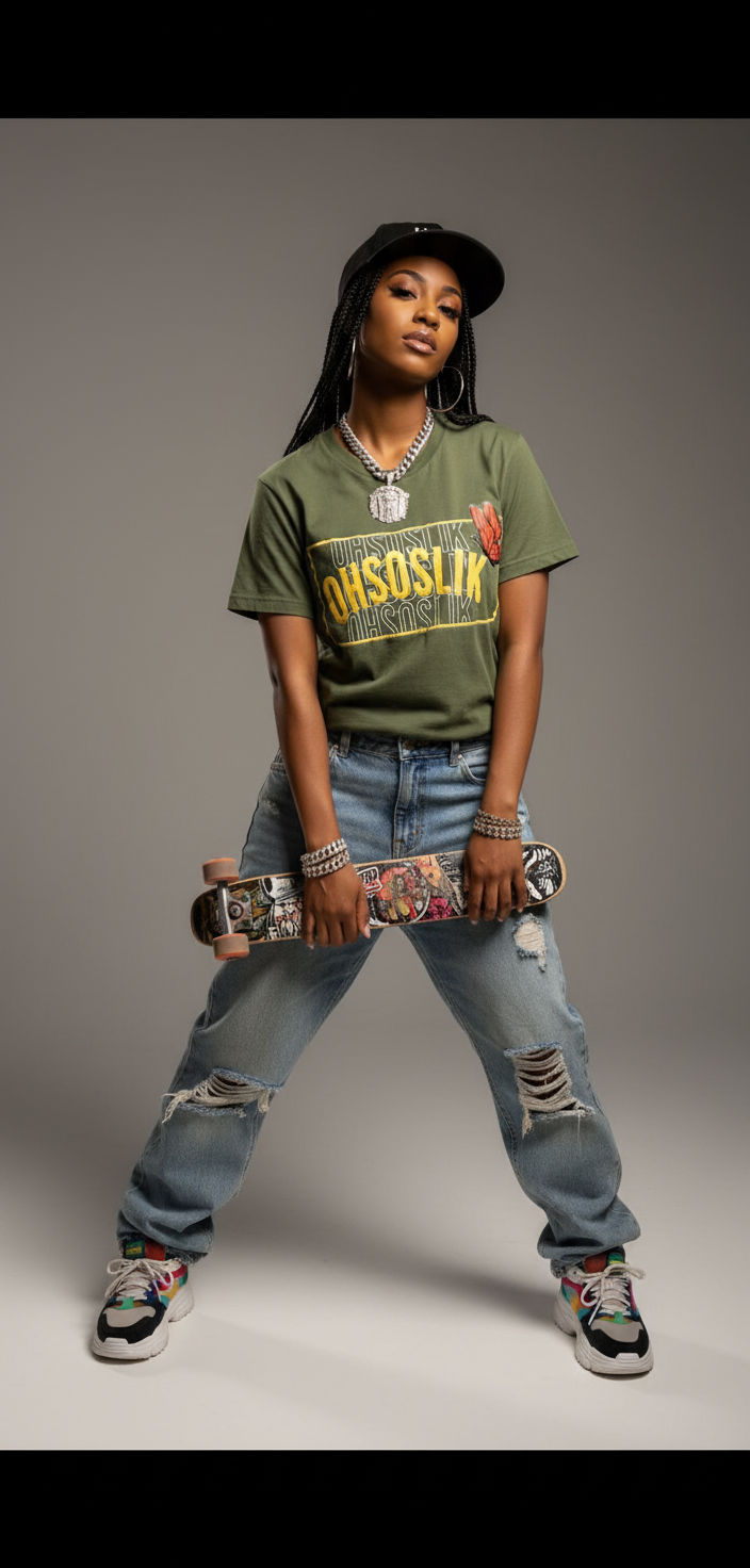 Hip hop girl wearing OHSOSLIK shirt