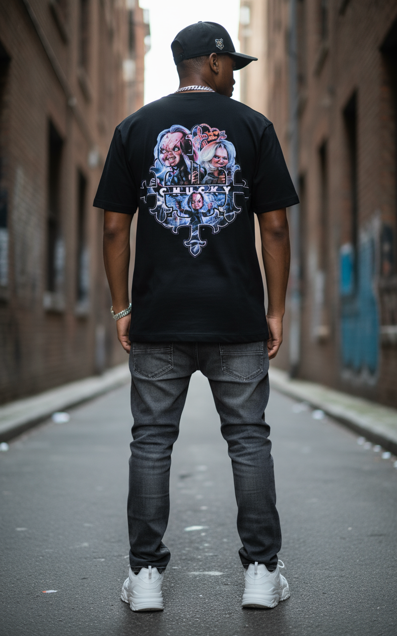 Hip hop guy wearing Chucky t-shirt - back view