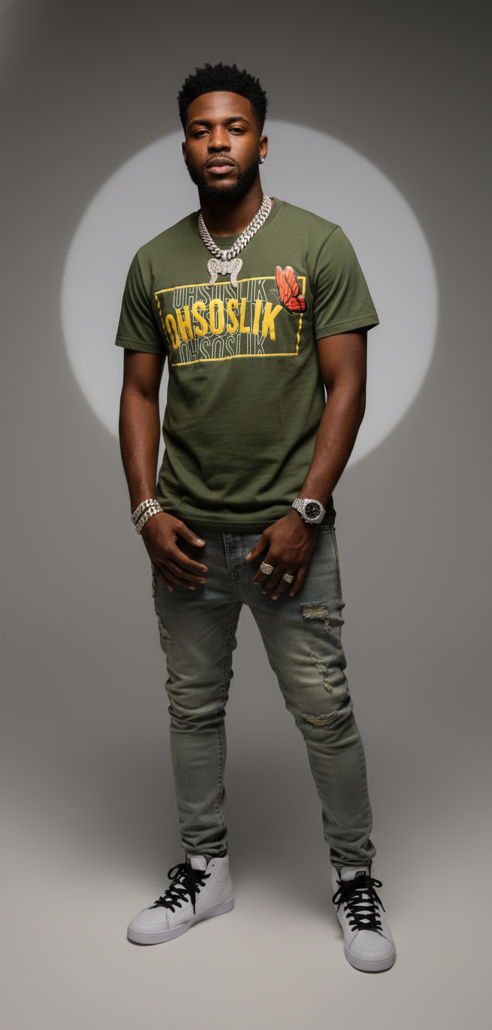 Hip hop guy wearing OHSOSLIK shirt