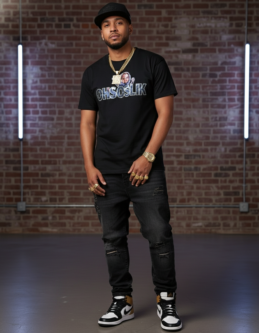 Hip hop guy wearing OHSOSLIK shirt