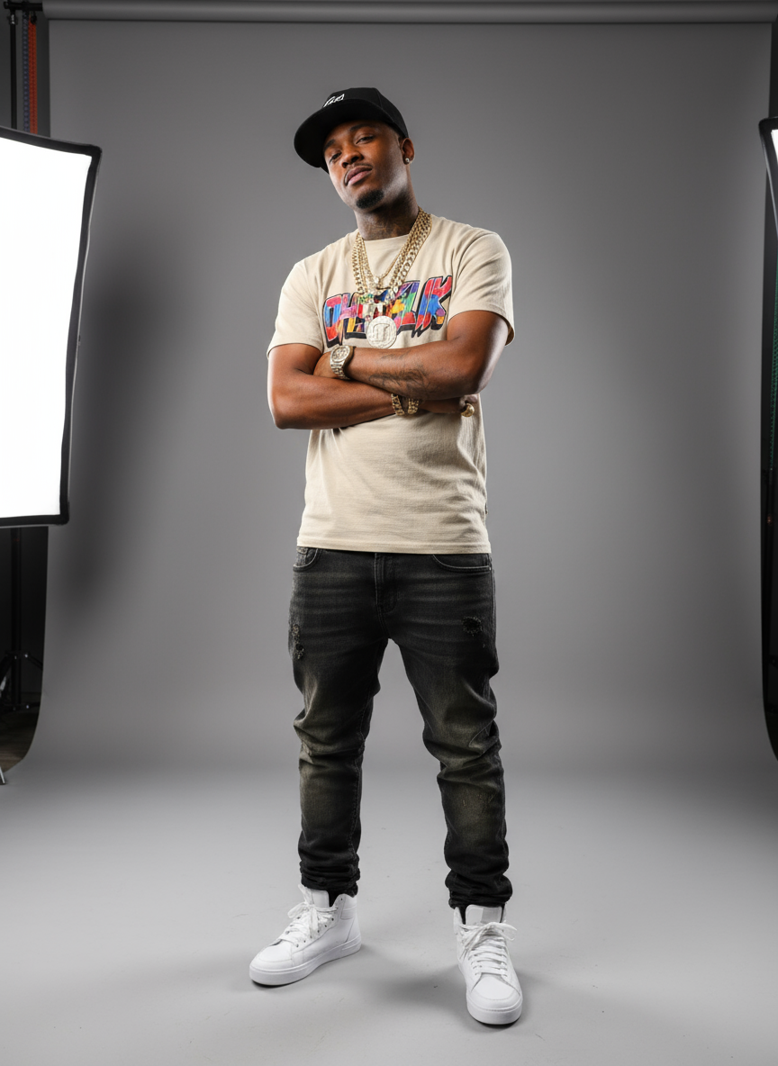 Hip hop guy wearing OHSOSLIK shirt