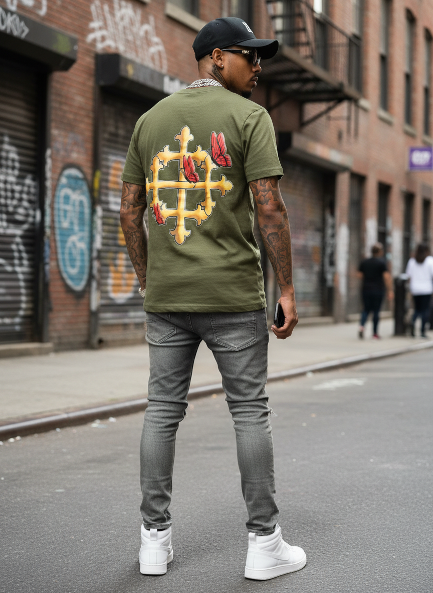 Hip-hop guy wearing olive green shirt with golden cross and butterflies