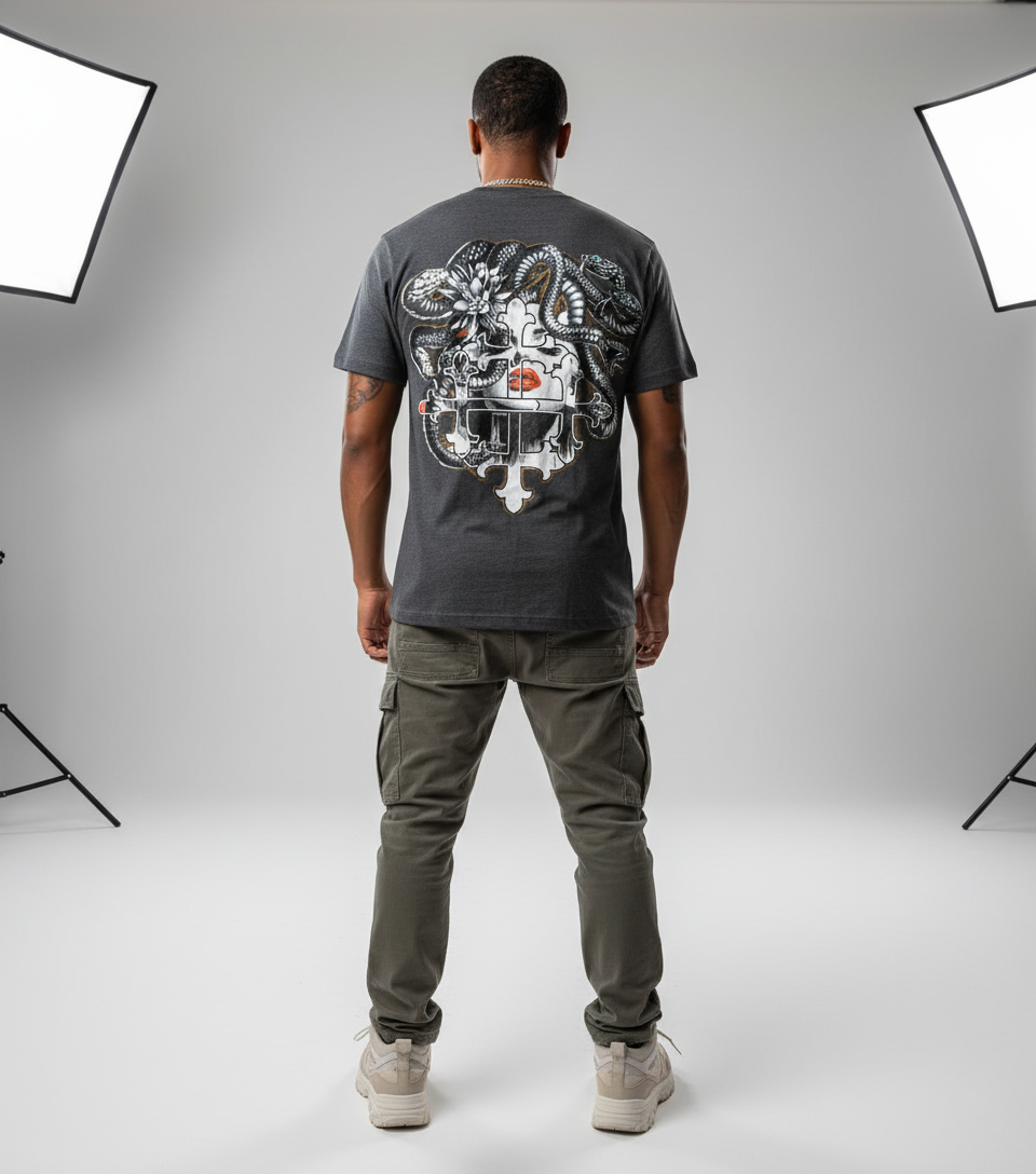 Hip hop model wearing shirt with snake and heraldic crest design on back
