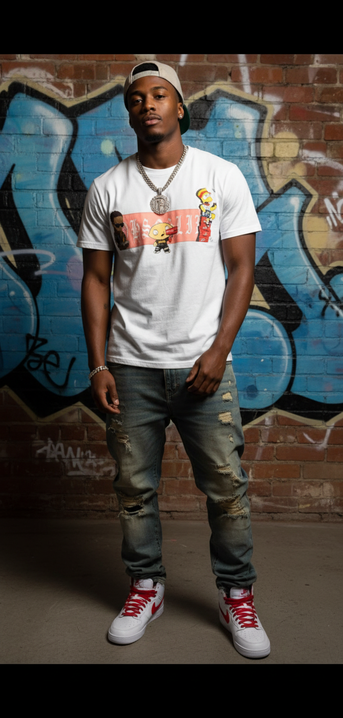Hip-hop style model wearing t-shirt