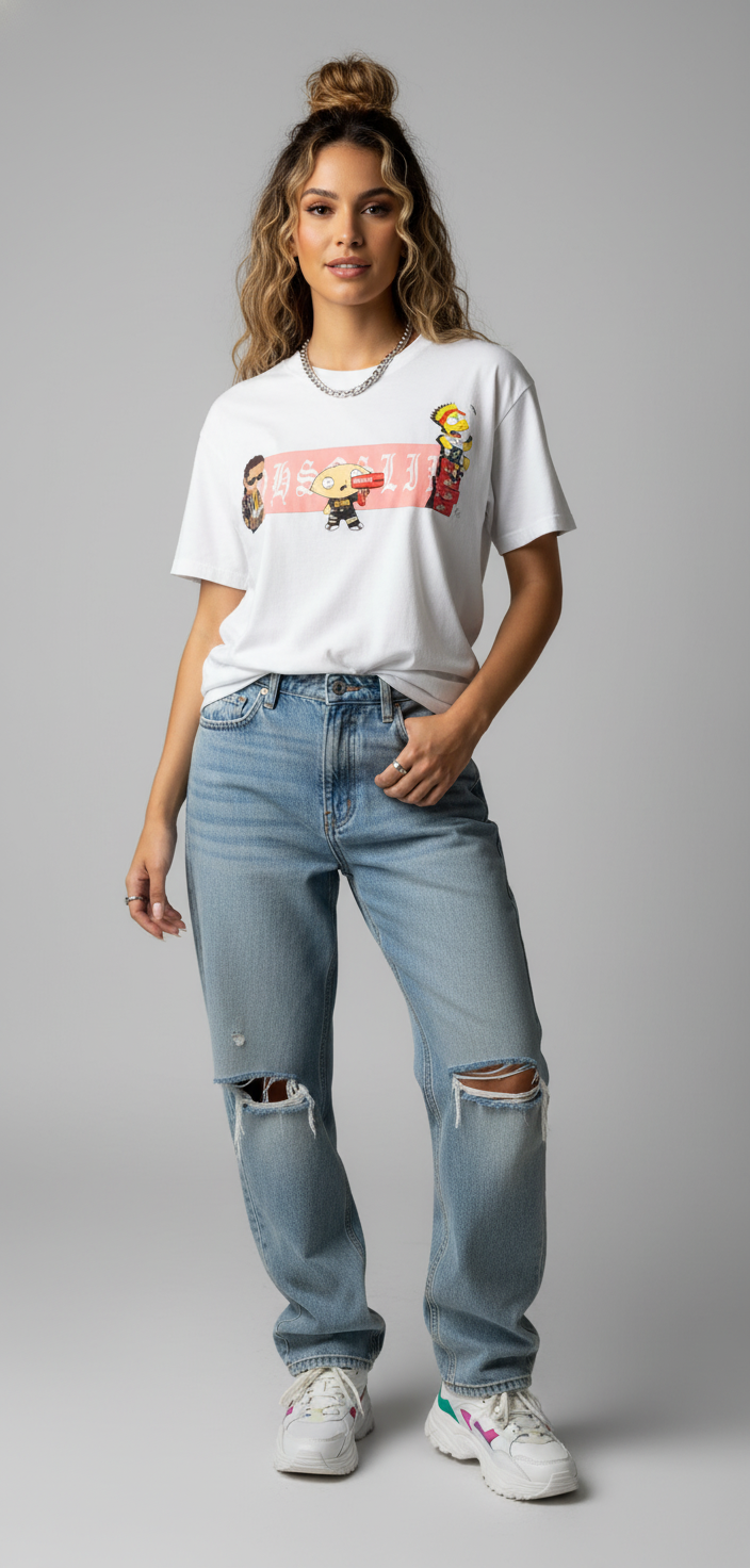 Model wearing cartoon character t-shirt