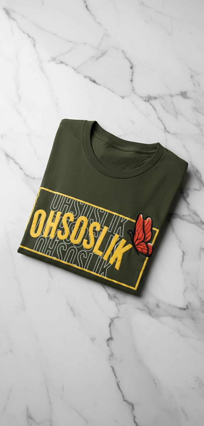 OHSOSLIK shirt folded on marble - overhead angle