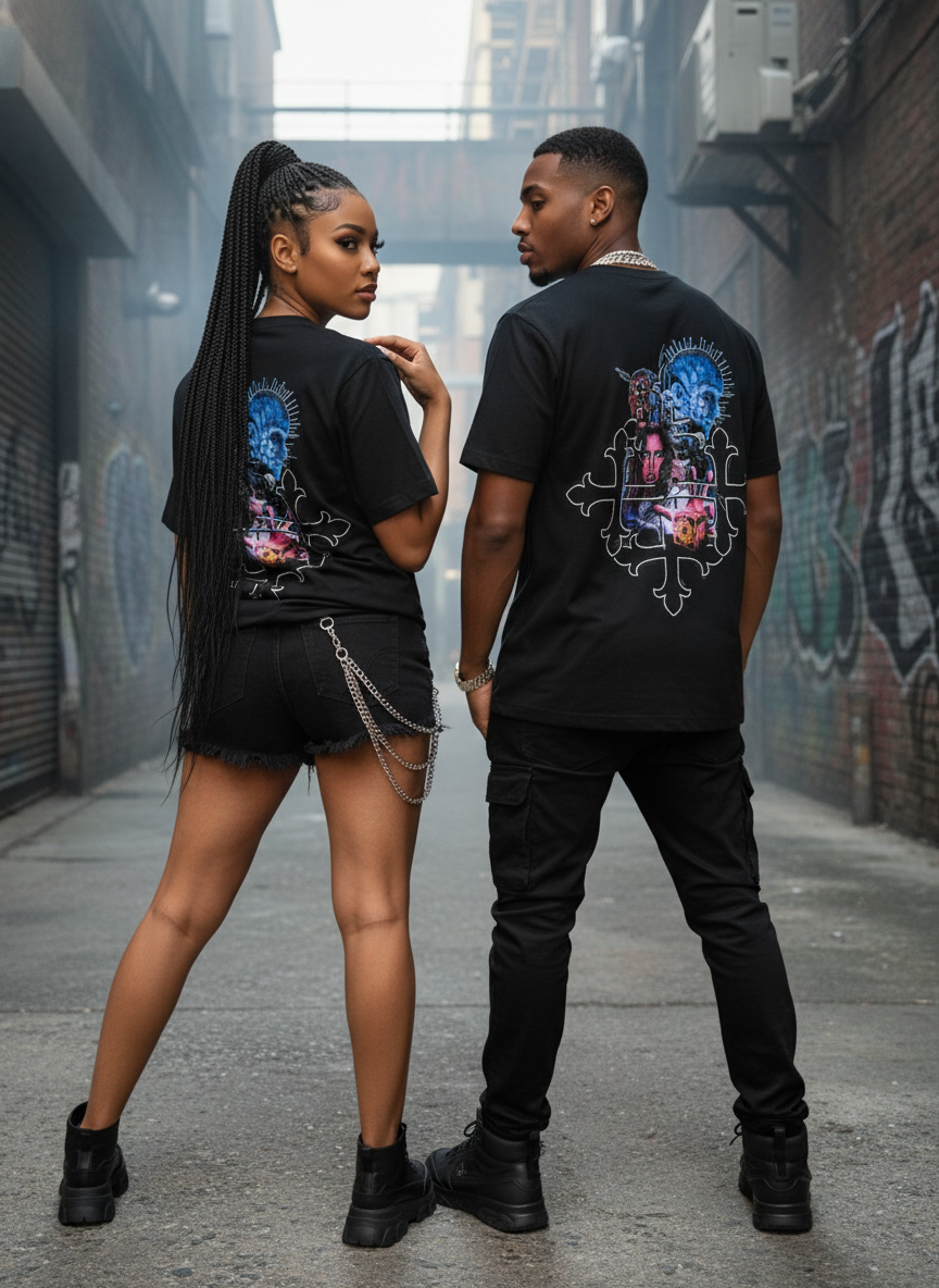 R&B couple modeling black t-shirt
