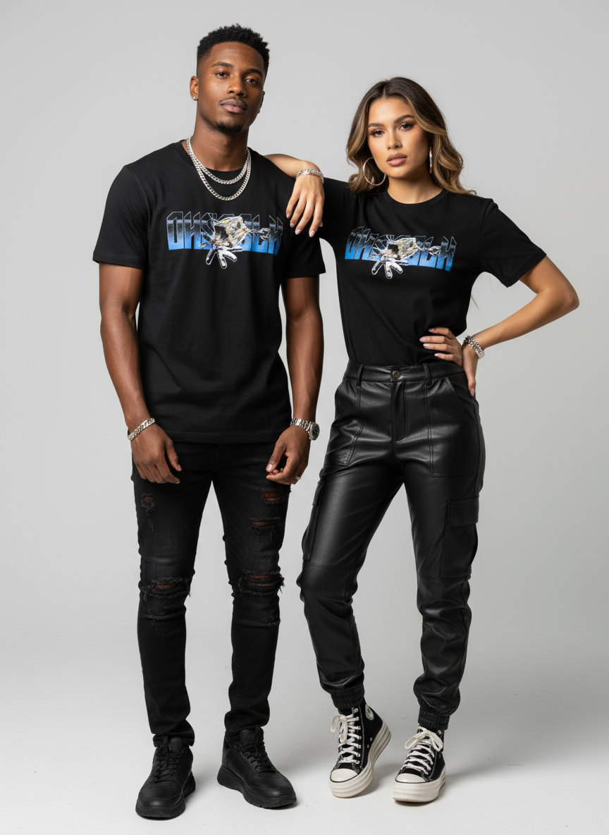 R&B couple wearing matching shirts