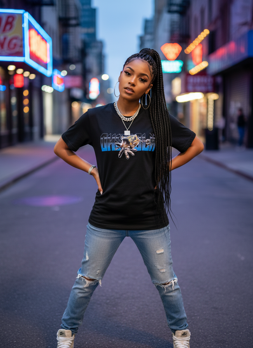 R&B girl wearing OHSOSLIK shirt