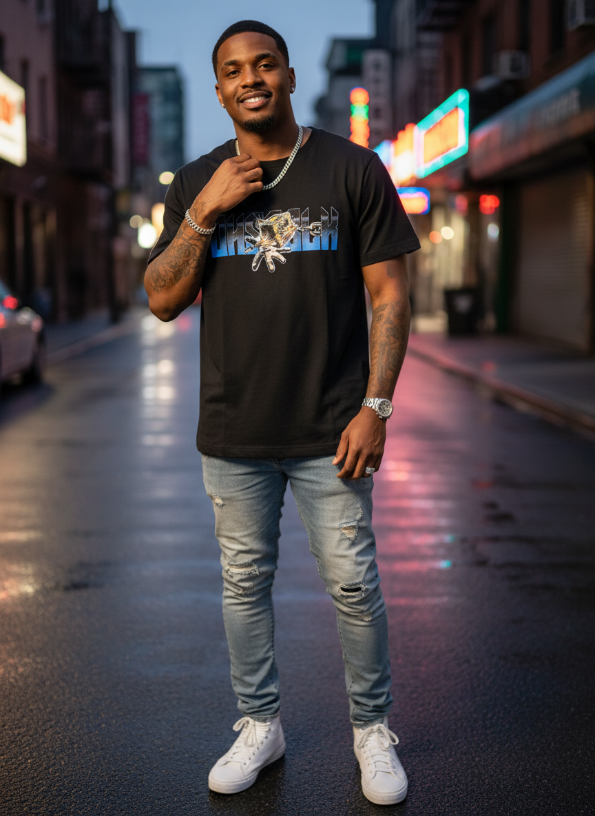 R&B guy wearing OHSOSLIK shirt