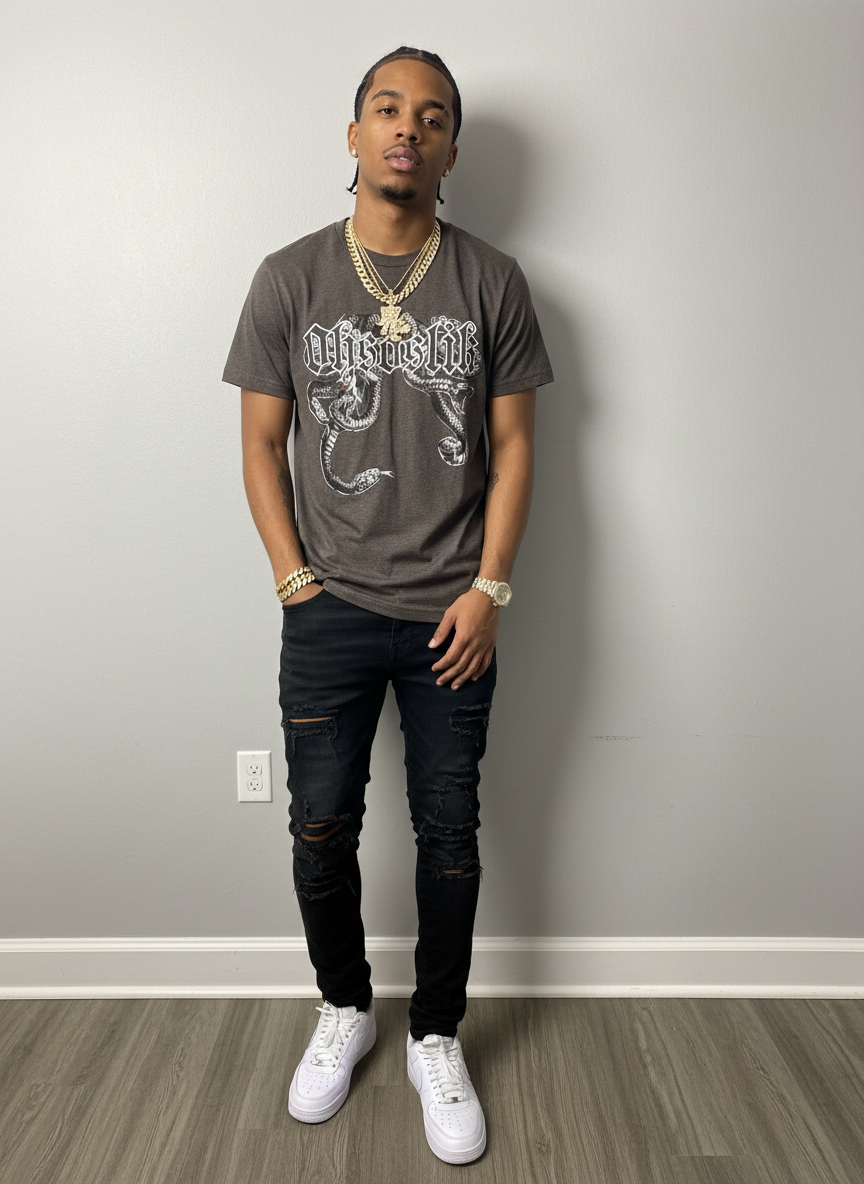 R&B style man wearing ohsoslik snake shirt