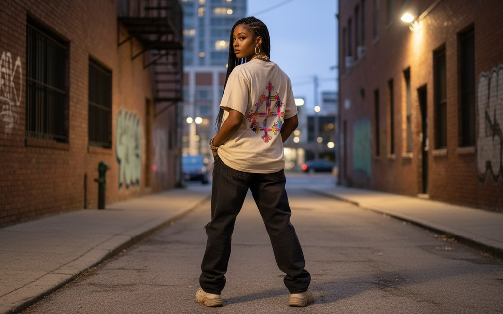 R&B woman wearing colorful cross t-shirt